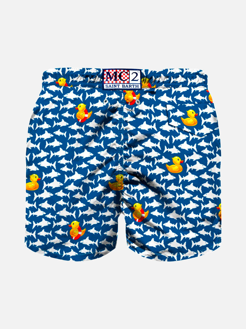 Boy swim shorts with duckies and sharks print
