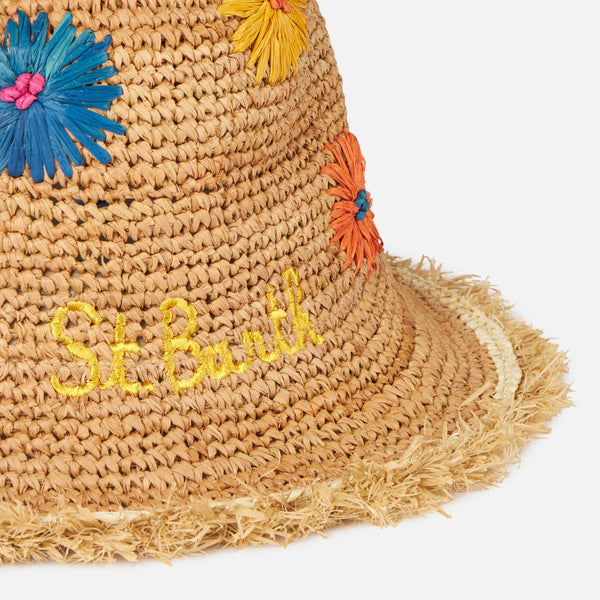 Woman straw bucket with multicolor flowers embroidery