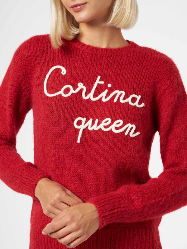 Woman crewneck soft sweater with Cortina Queen embroidery