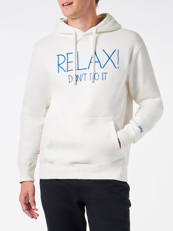Man white hoodie with Relax Don't do it embroidery
