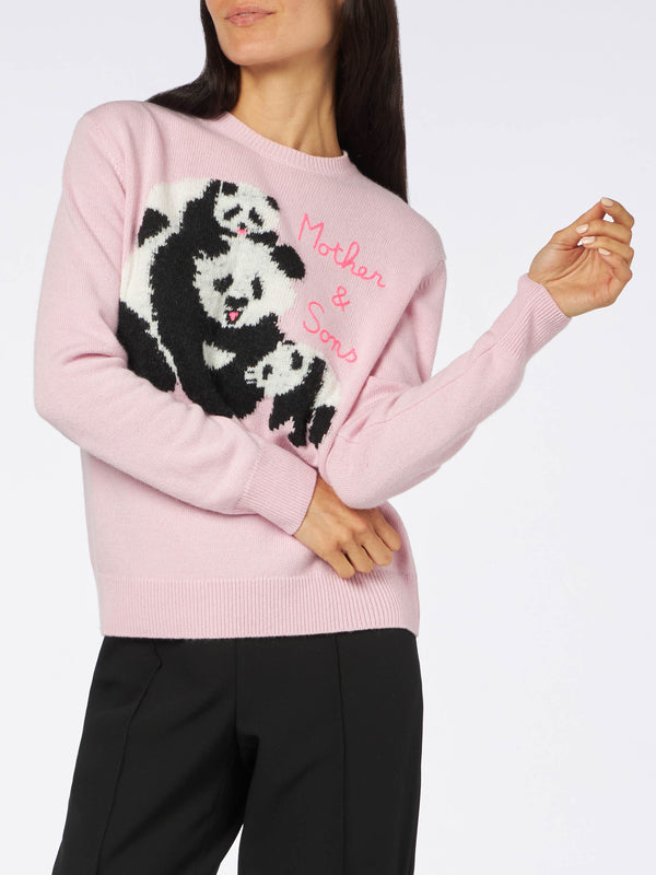 Woman crewneck pink sweater with Mother & Sons embroidery
