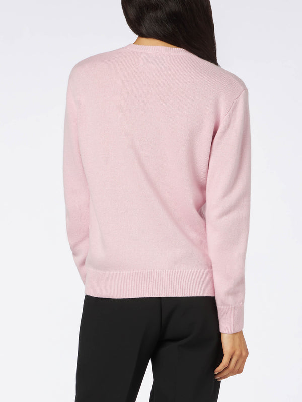 Woman crewneck pink sweater with Mother & Sons embroidery