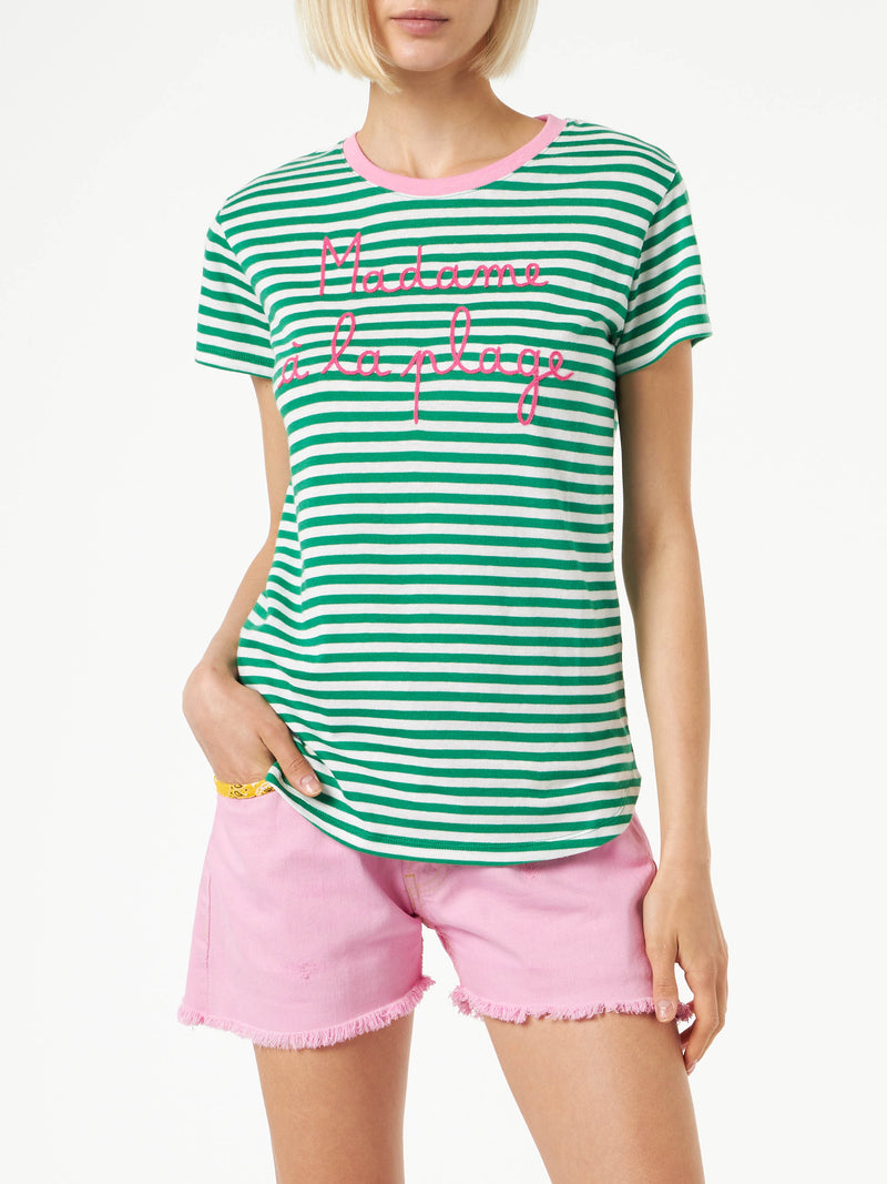Green cotton t-shirt with Madame à la plage embroidery
