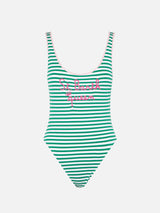 Green and white striped one piece