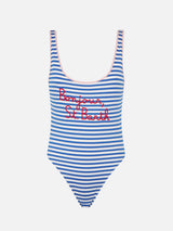 Woman striped one piece swimsuit with Bonjour St. Barth embroidery