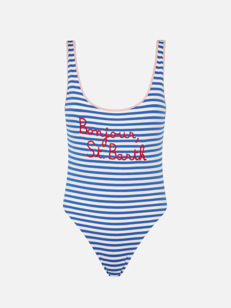 Woman striped one piece swimsuit with Bonjour St. Barth embroidery