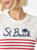 T-shirt in cotone a righe rosse con ricamo St. Barth