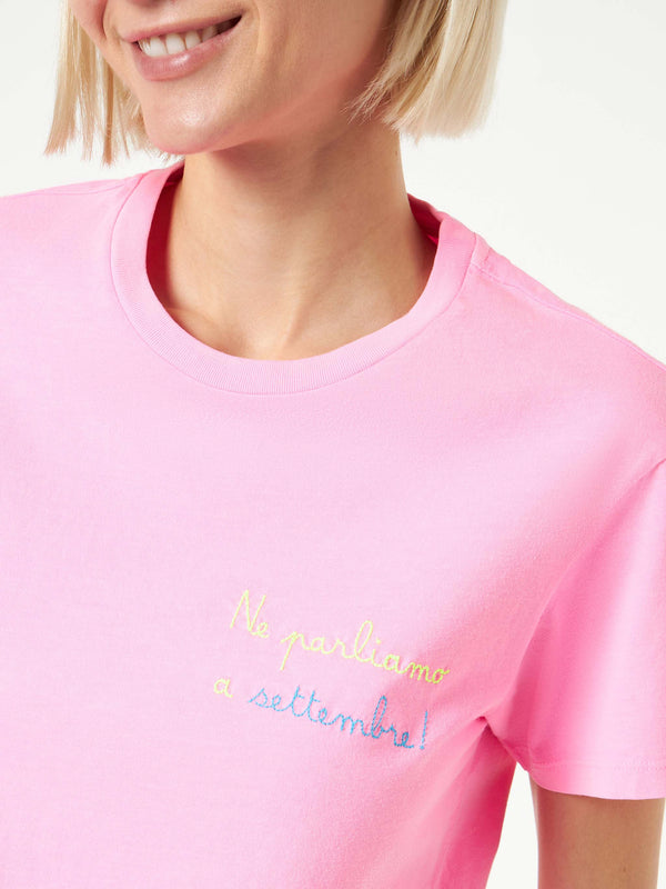 Woman cotton t-shirt with Ne parliamo a settembre! embroidery