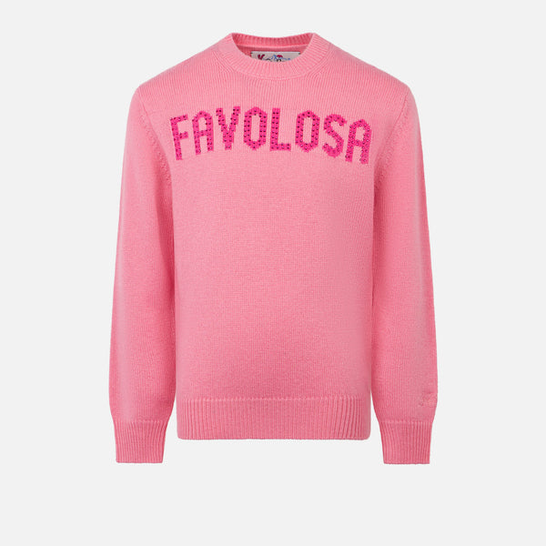 Girl crewneck pink sweater with Favolosa rhinestones print