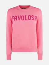 Woman crewneck pink sweater with Favolosa rhinestone print