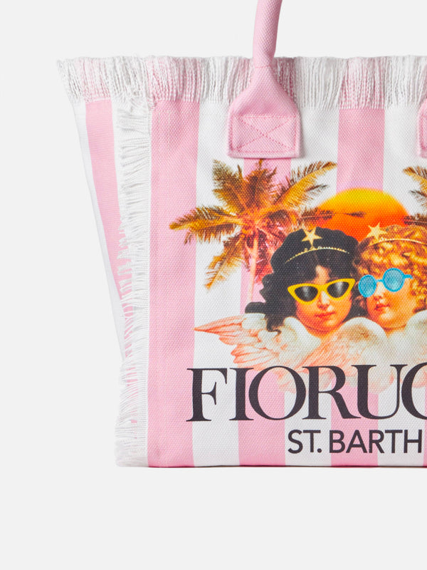 Vanity canvas shoulder bag with white and pink stripes and Fiorucci angels print | FIORUCCI SPECIAL EDITION