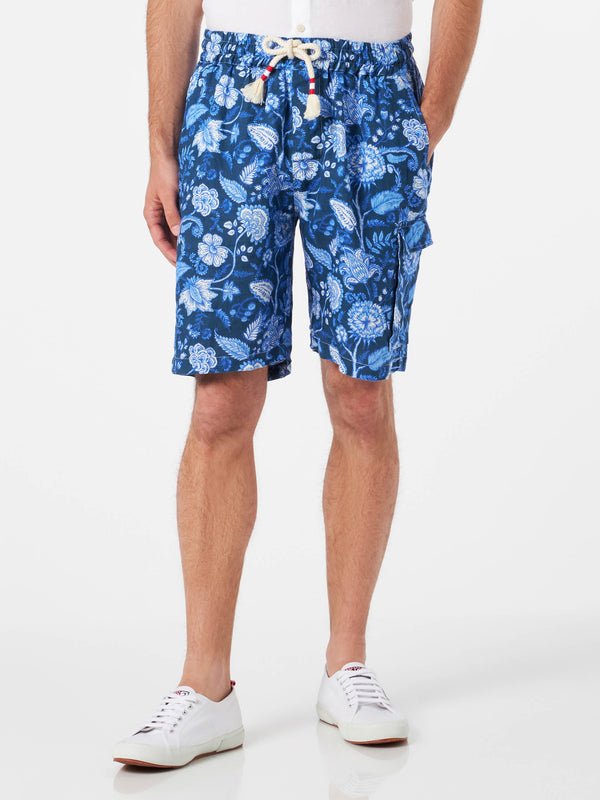 Man linen blue bermuda shorts with flower print