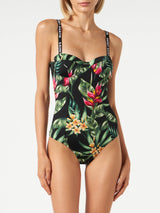Woman one piece swimsuit with tropical print
