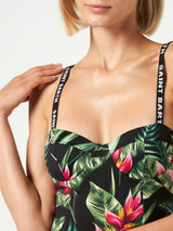 Woman one piece swimsuit with tropical print