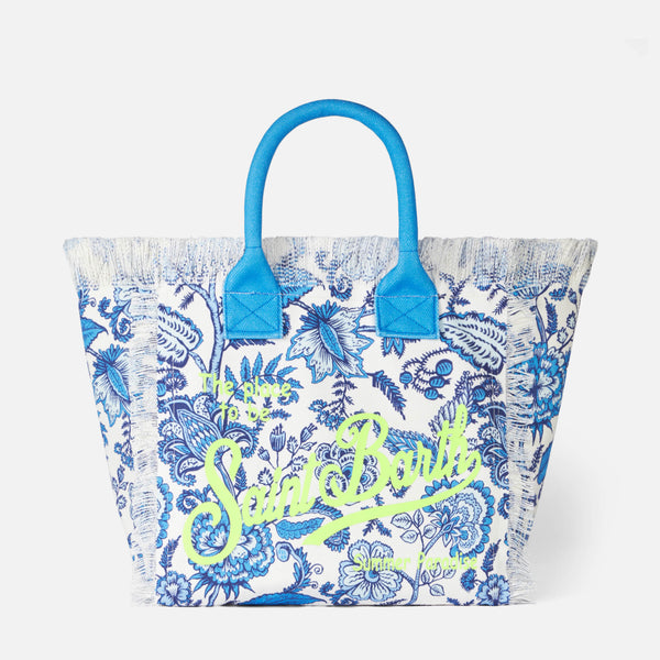 Vanity canvas shoulder bag with blue flower print