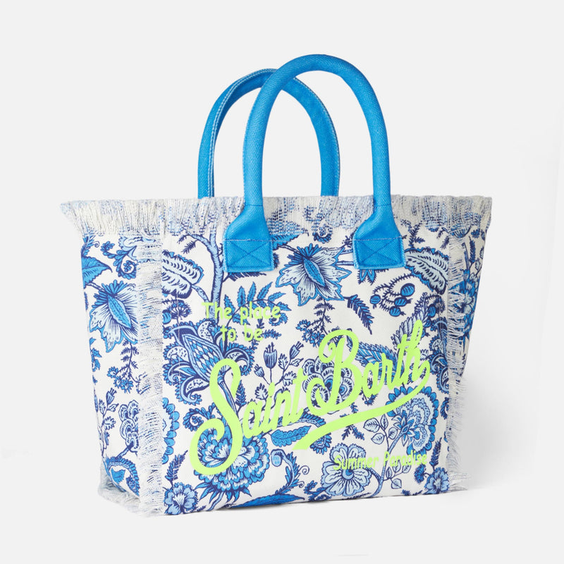 Vanity canvas shoulder bag with blue flower print