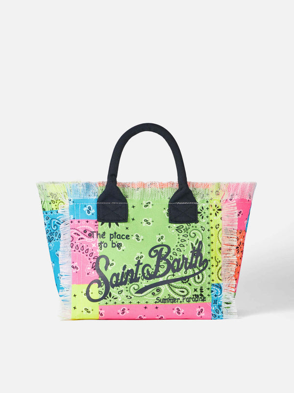 Colette cotton canvas handbag with fluo bandanna print
