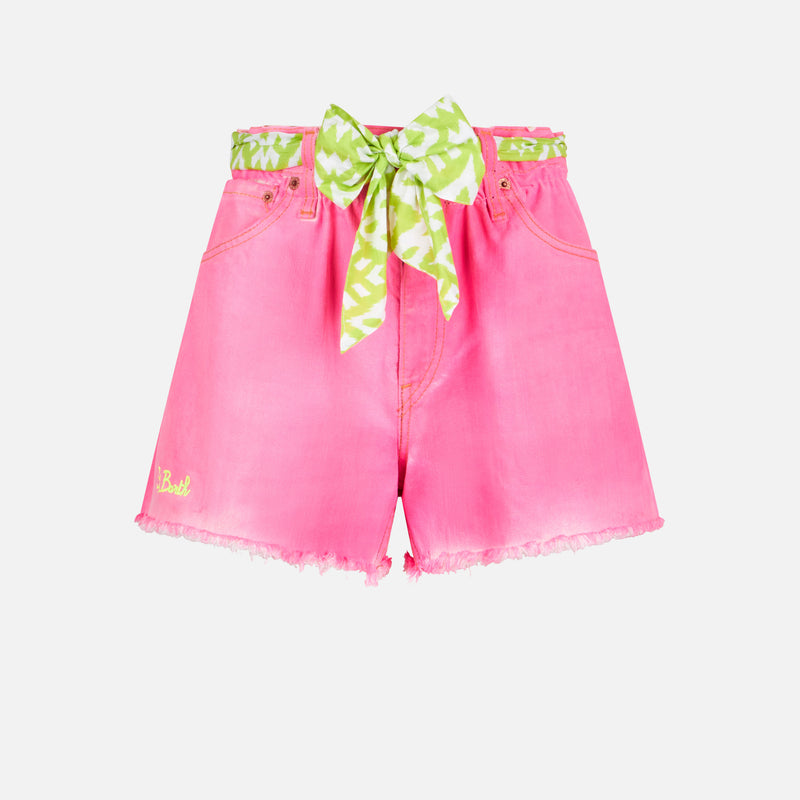 Woman upcycled pink denim shorts with embroidery