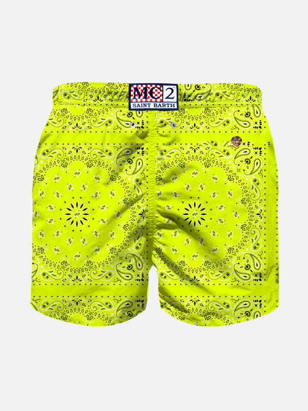 Boy swim shorts with fluo yellow bandanna print