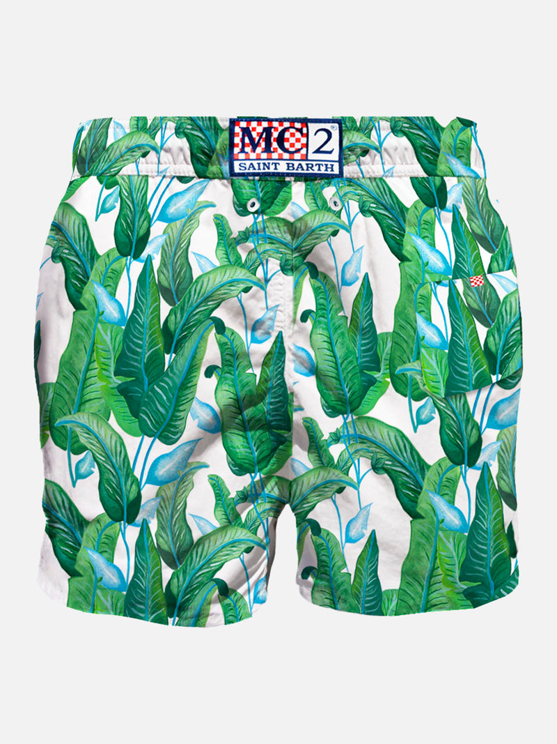 Tropical leaf print mid-length swim shorts