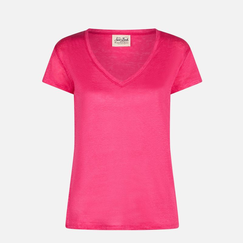 Damen-T-Shirt aus fuchsiafarbenem Leinen