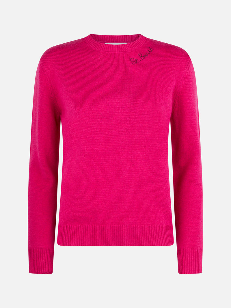 Woman crewneck fuchsia sweater with St. Barth embroidery