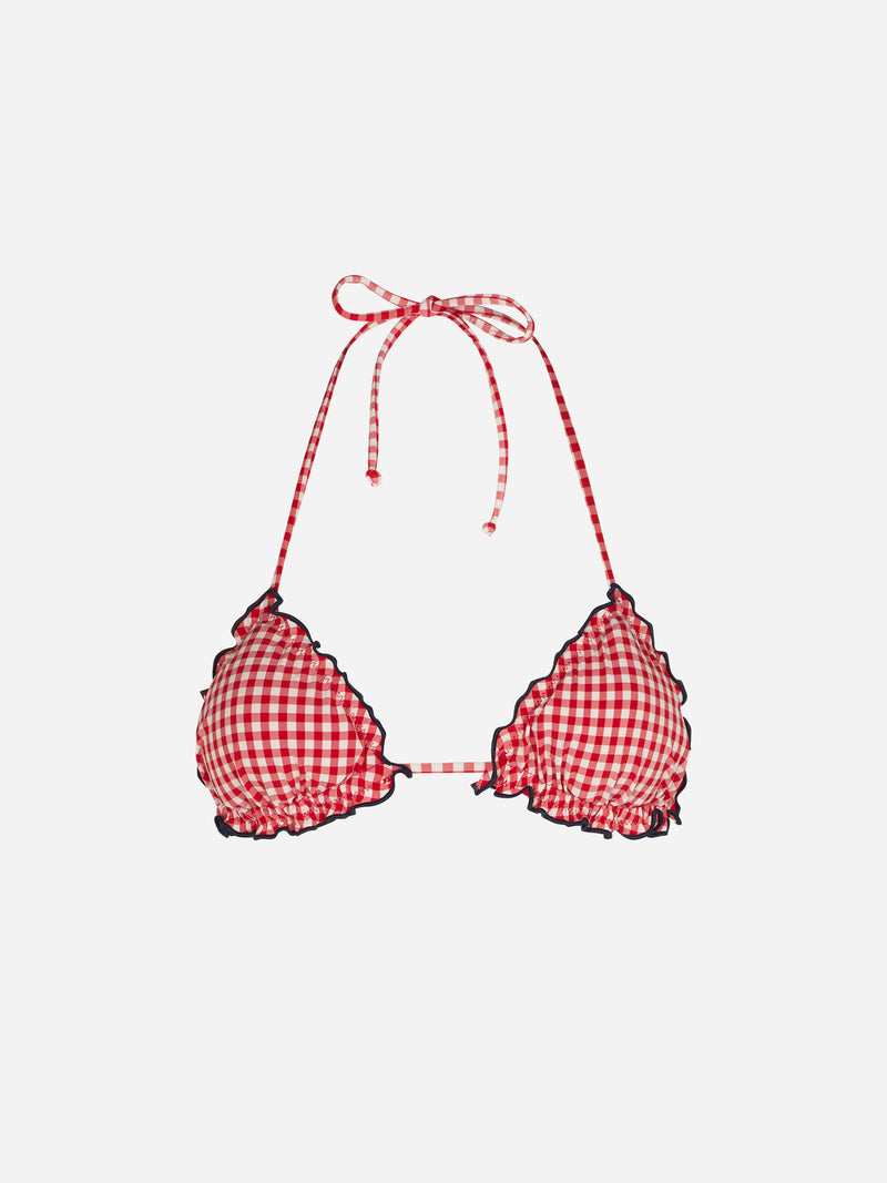 Woman triangle top swimsuit with gingham print