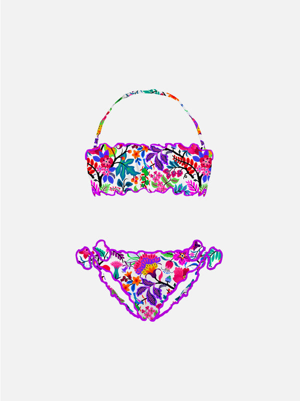 Bikini da bambina a fascia con fiori multicolore