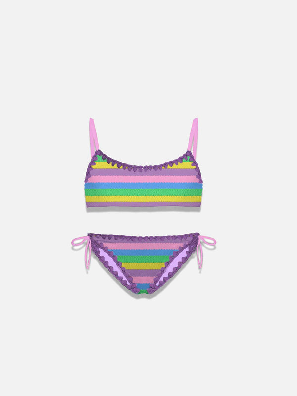 Bikini da bambina a bralette con righe multicolore