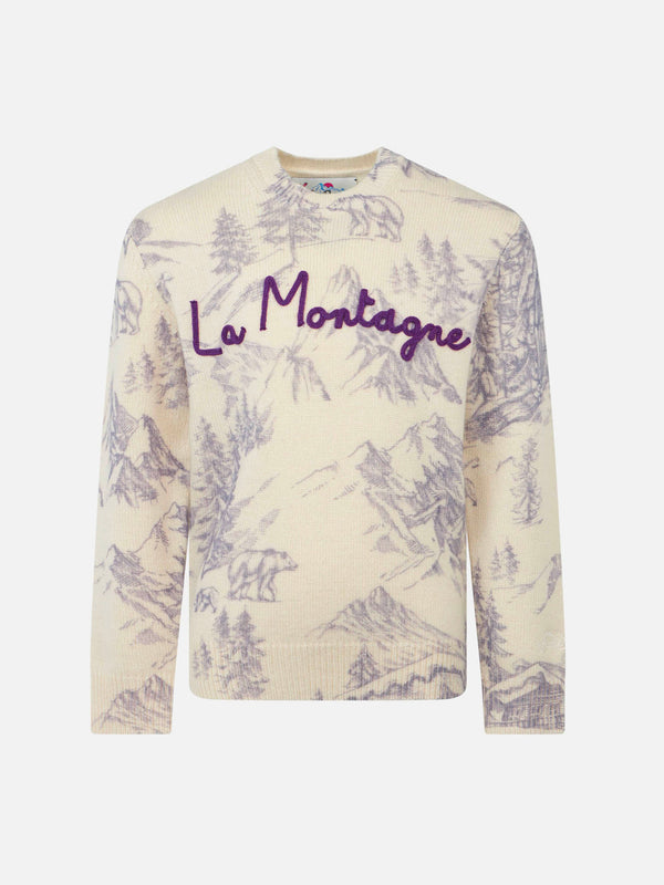 Girl crewneck  toile de jouy sweater with La Montagne embroidery