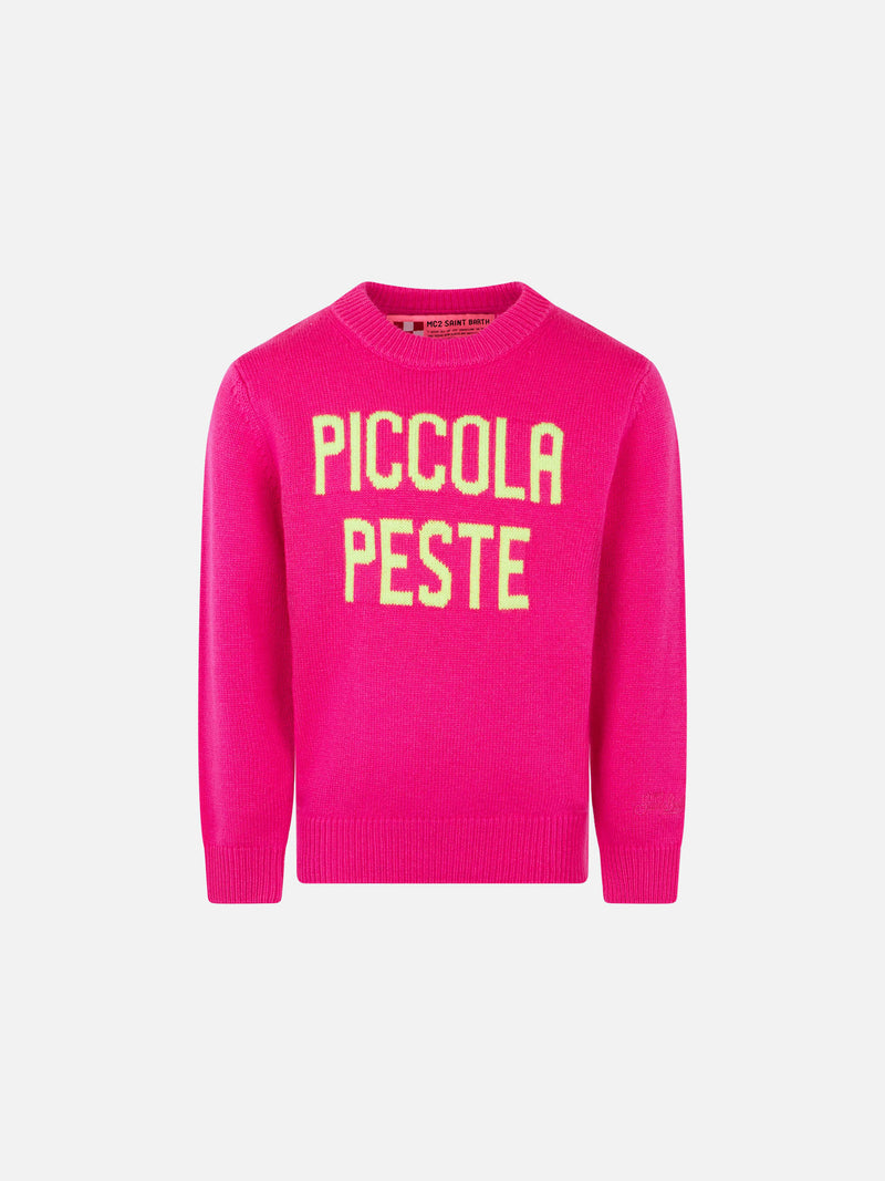 Girl fluo pink sweater yellow fluo Piccola Peste embroidery