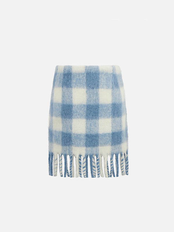 Girl fringed wooly skirt with check print