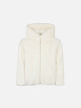 Girl furry white jacket with I Love St. Barth embroidery