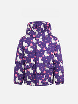 Girl hooded down padded jacket with alpaca and hearts print