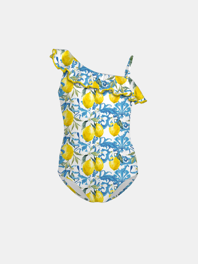 Girl ruffled one piece swimsuit baroque lemon print