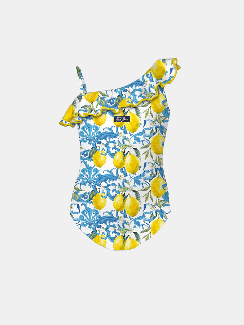 Girl ruffled one piece swimsuit baroque lemon print