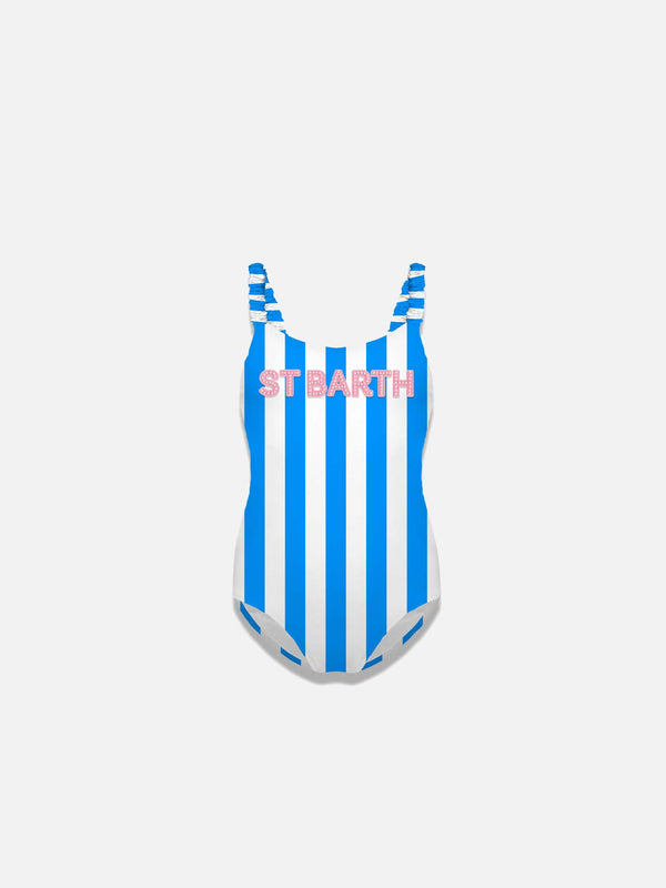 Girl one piece swimsuit with stripes and patch
