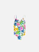 Girl one print swimsuit with tropical print