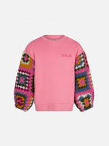 Girl pink sweater with crochet sleeves