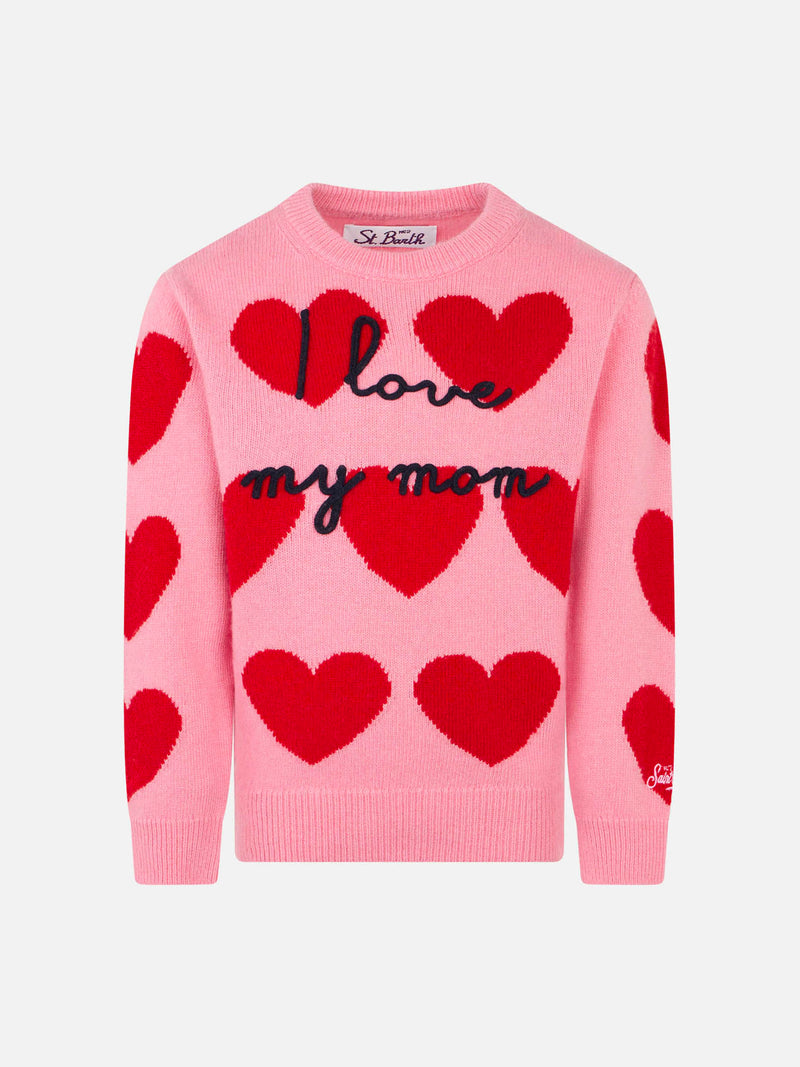Girl sweater with hearts print and  I Love my Mom embroidery