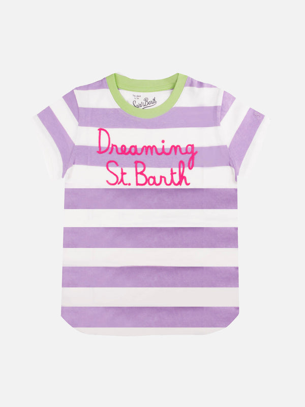 T-shirt da bambina a righe rosa e bianche con scritta ricamata