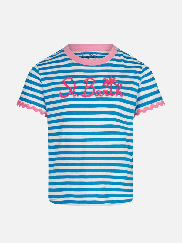 T-shirt da bambina con righe e ricamo