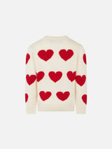 Girl white sweater with heart jacquard print