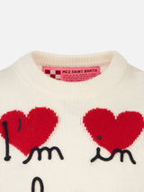 Girl white sweater with heart jacquard print