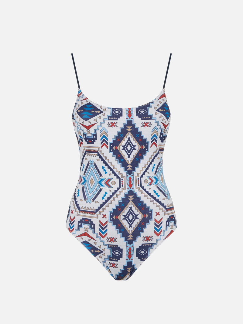 Woman one piece swimsuit with glitter aztec print