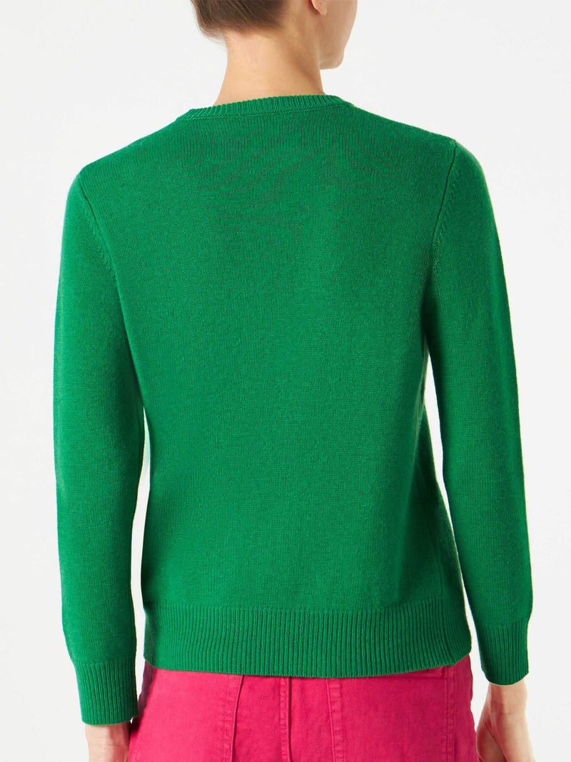 Green sweater Weekend j'arrive fluo pink embroidery