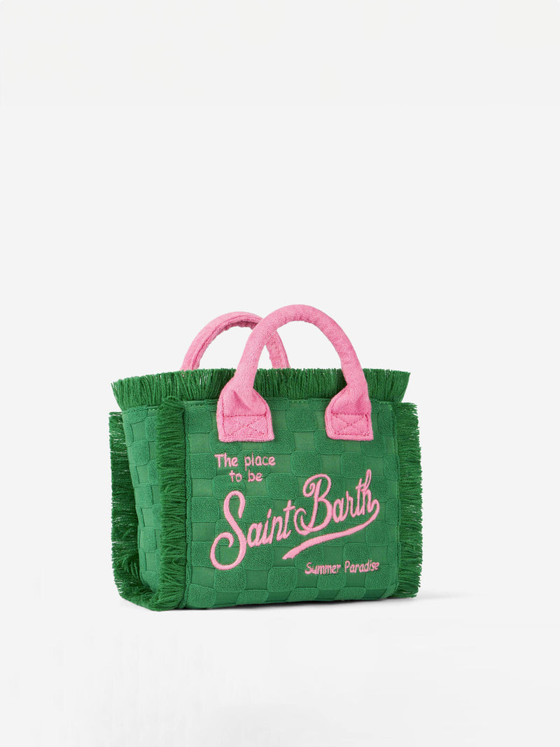 Mini-Vanity-Handtasche aus grünem Frottee mit Prägung