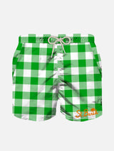 Green gingham  boy's swim shorts with embroidery