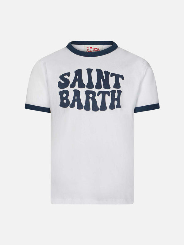 T-shirt bianca da bambino in cotone con stampa Groovy Saint Barth blu