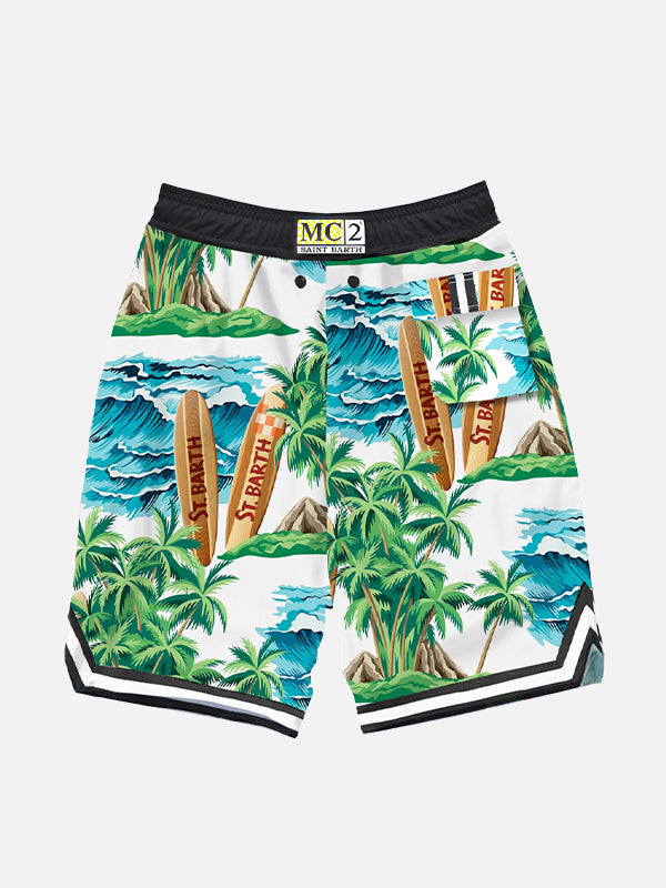 Pantaloncini da bagno ragazzo con stampa hawaiana stile surf